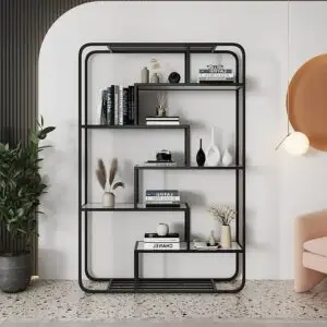 Premium heavy duty metal open display bookshelf with modern asymmetrical shelving design.