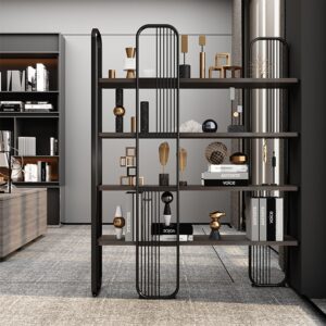 Premium heavy duty metal open display bookshelf with modern room divider design and powder coated finish.