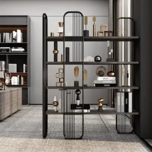 Premium heavy duty metal open display bookshelf with modern room divider design and powder coated finish.