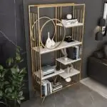Premium luxury metal display bookshelf with decorative circular frame and open shelves.
