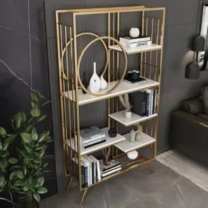 Premium luxury metal display bookshelf with decorative circular frame and open shelves.
