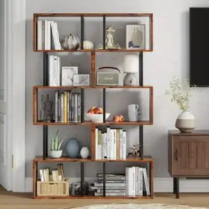 Premium heavy duty metal geometric display bookshelf with multiple open storage compartments.